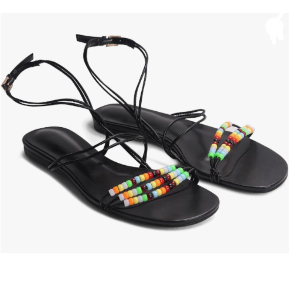 Miss Left Black Beaded Flat Sandals For Women Ankle Strap Open Toe Slide Sandals